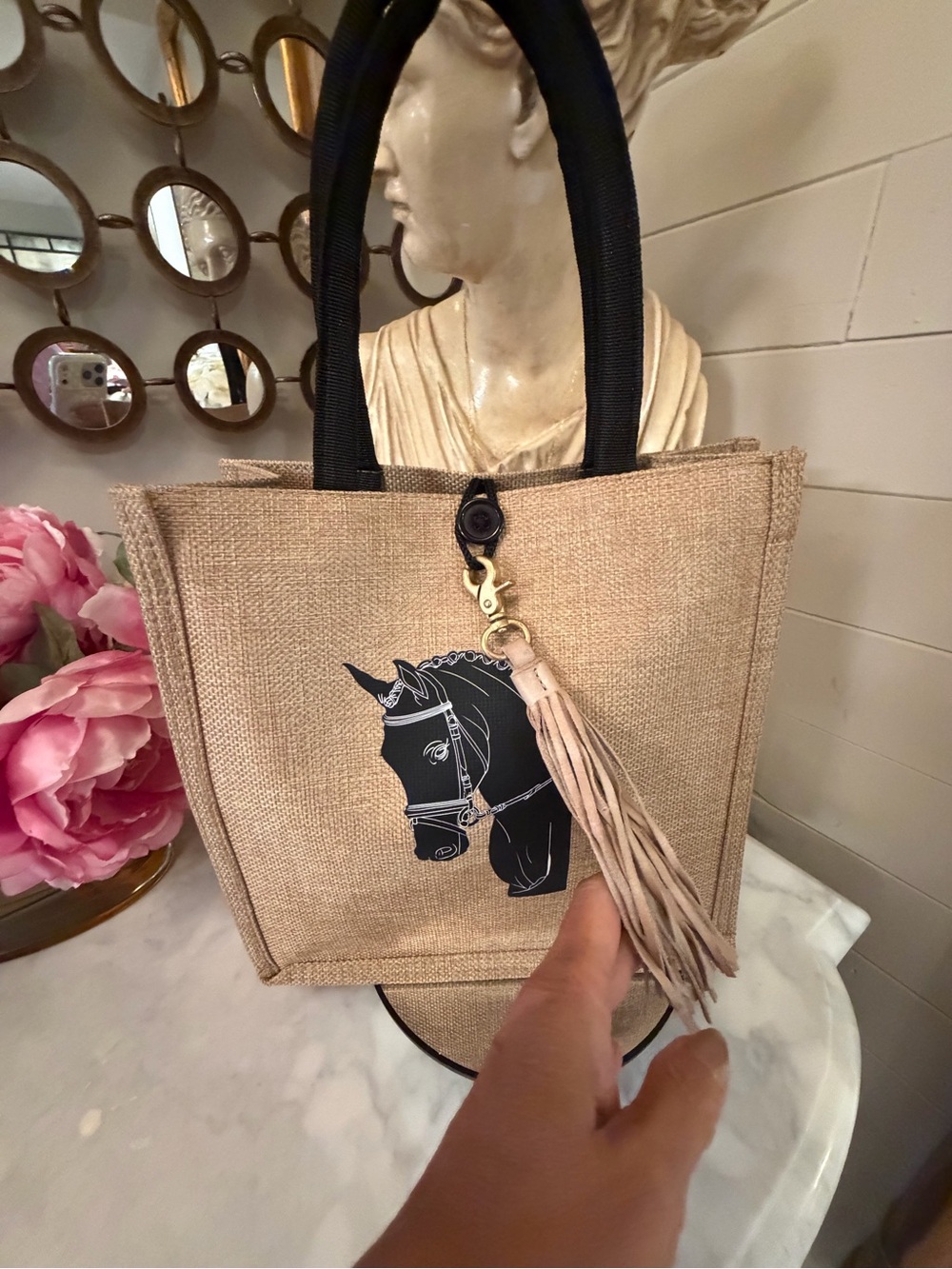 Natural Jute Tote Bag with Black Horse Motif and added leather Tassel NWOT - Picture 3 of 11